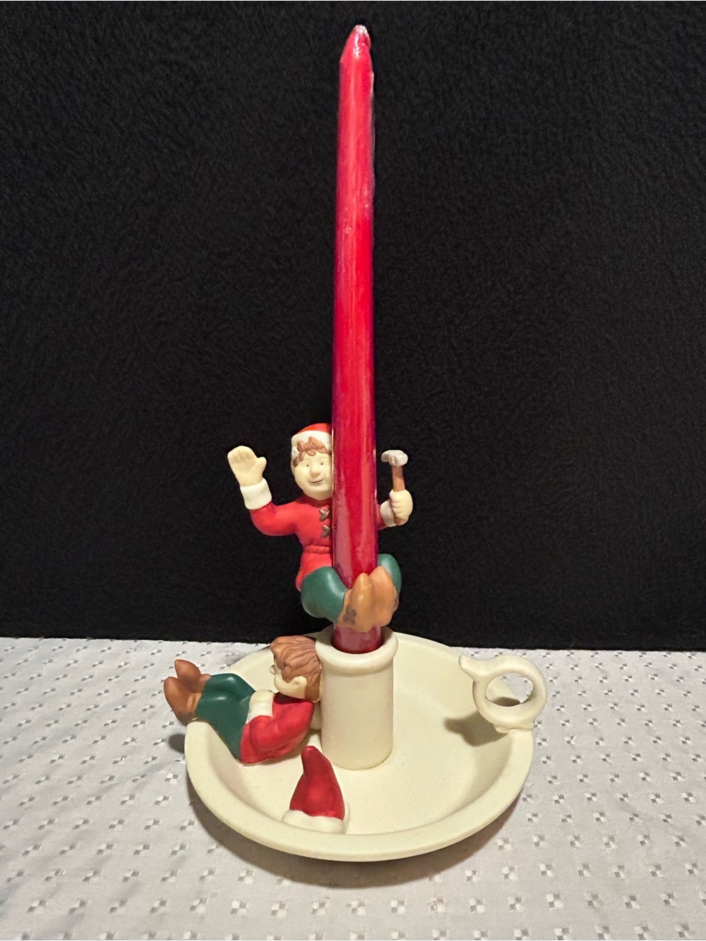 PartyLite 1990s Christmas Elves Saucerlite Bisque Porcelain Candle Stick Holder